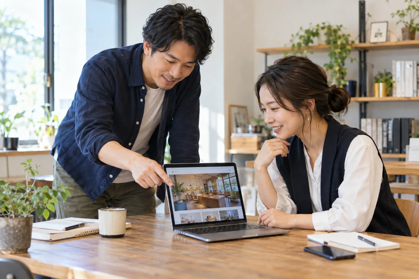 完成したPCとスマホの画面を確認する生成写真